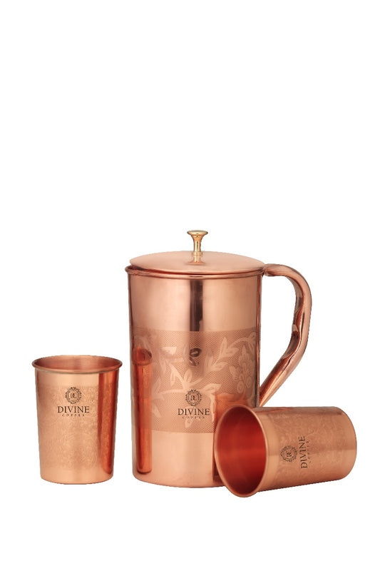 PURE COPPER EMBOSSEED JUG WITH 2 GLASS GIFT PACK