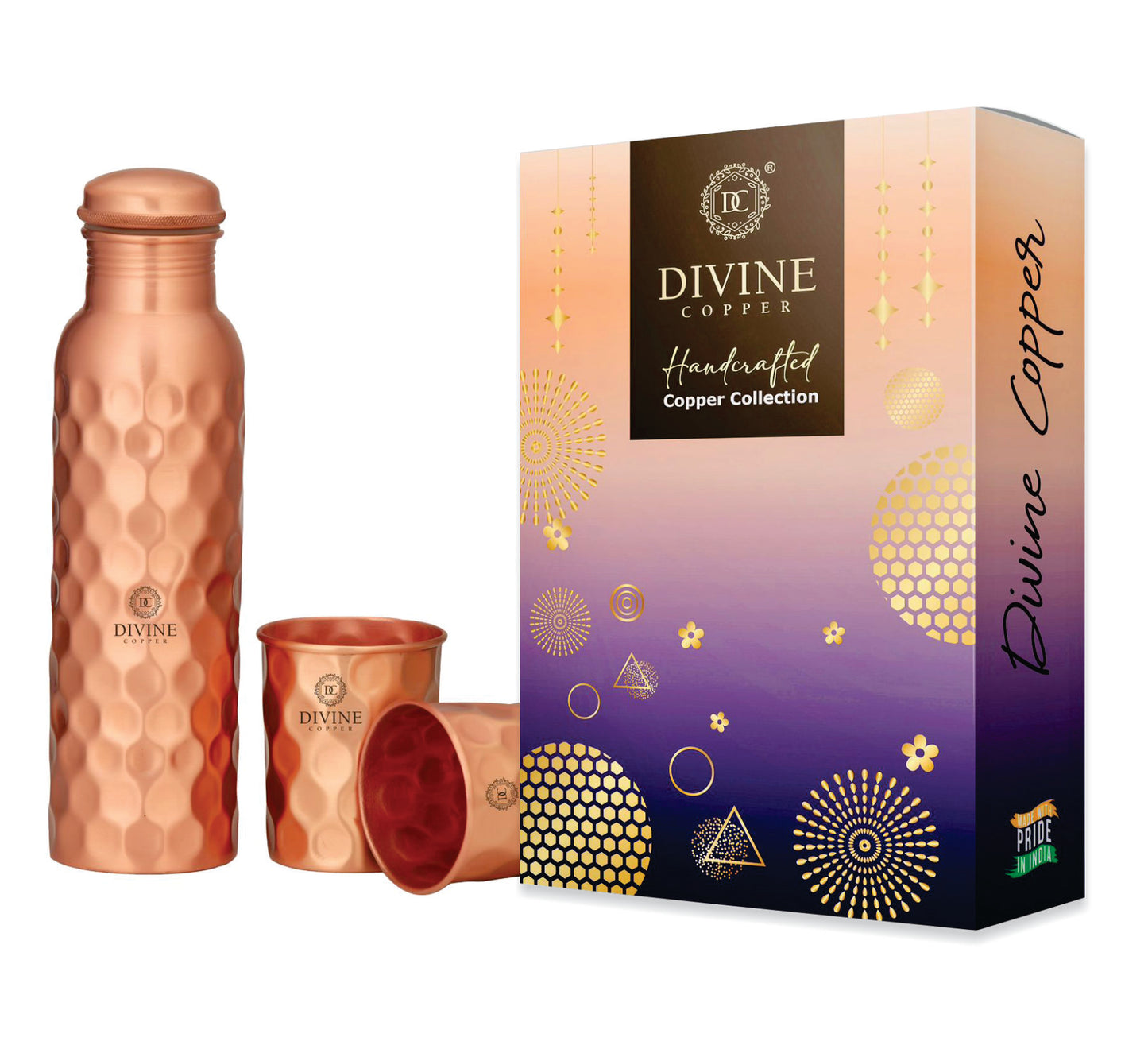 Gift Pack Pie 950ml Pure Copper bottle with 2 Glass 300ml*2