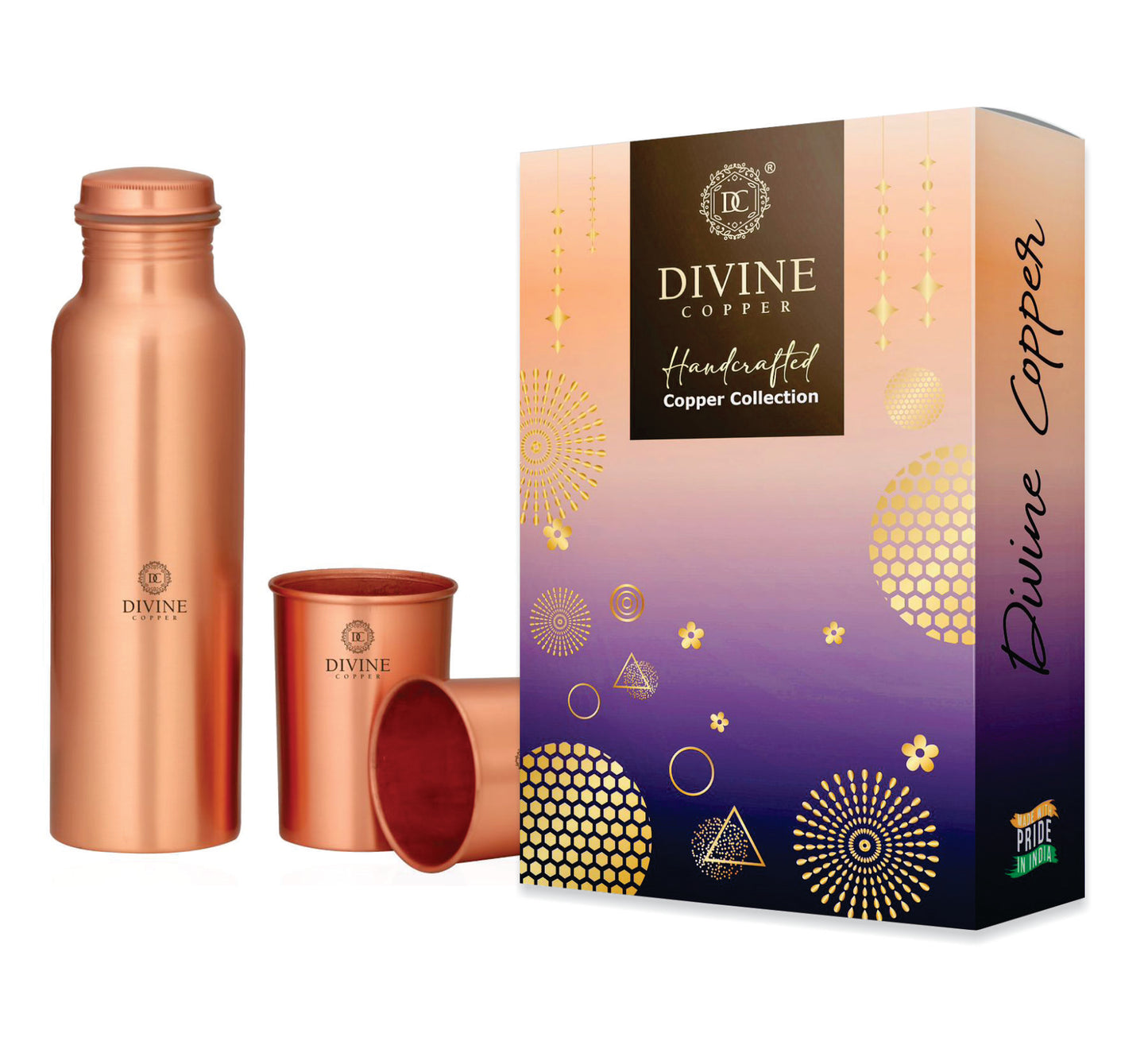 Gift Pack Pie 950ml Pure Copper bottle with 2 Glass 300ml*2