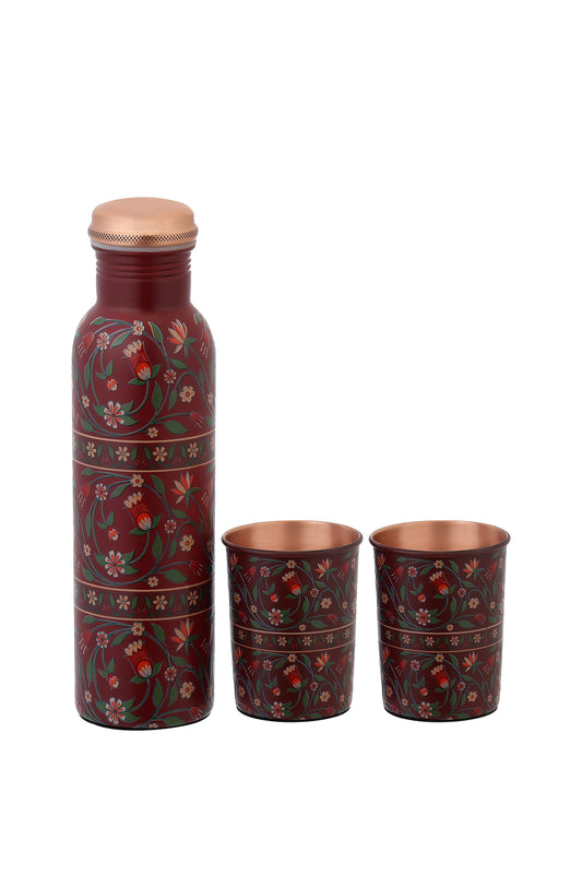 Pie - Flower With Green Leafs Pure Copper Bottle With Pack of 2 Glass