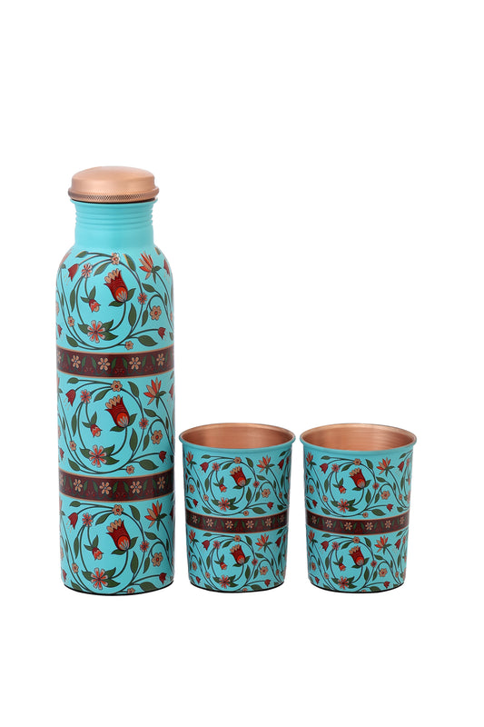 Pie - Flower With Green Leafs Pure Copper Bottle With Pack of 2 Glass