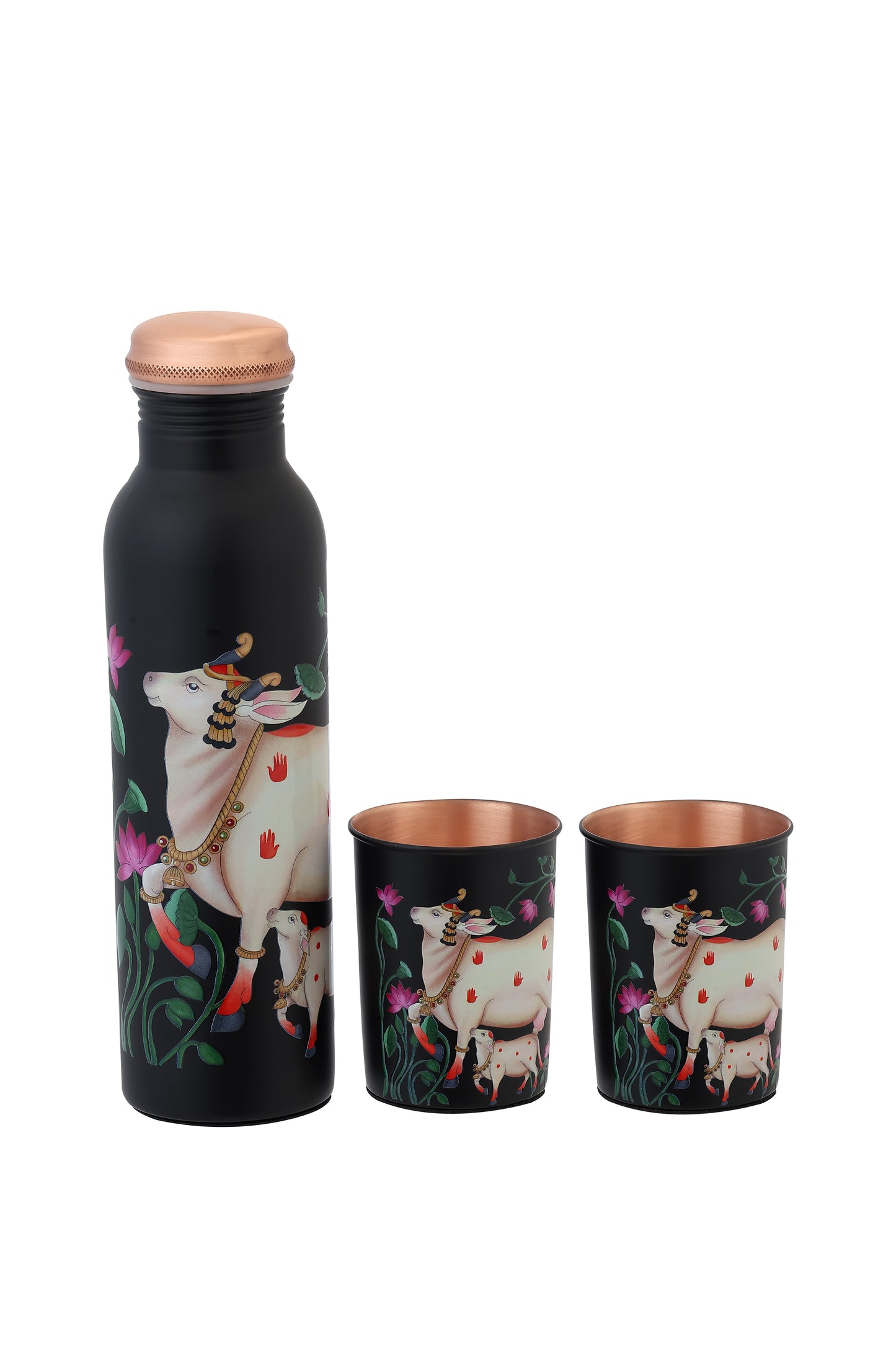 Pie - Nandi Print Pure Copper Bottle With Pack of 2 Glass