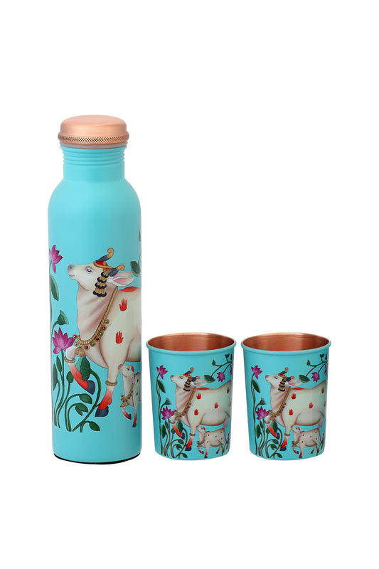 Pie - Nandi Print Pure Copper Bottle With Pack of 2 Glass