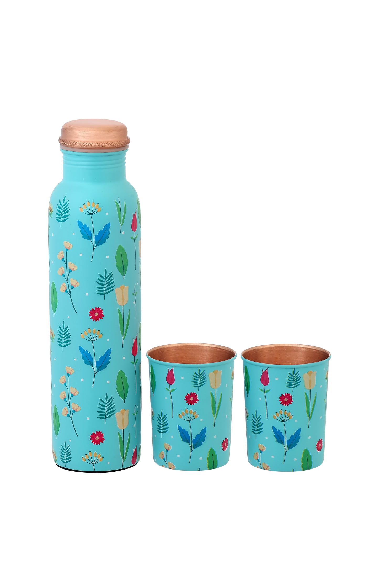 Pie - Spring Flower Print Pure Copper Bottle With Pack of 2 Glass