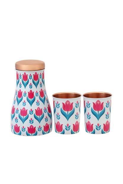Jar - Pink Flower Print Pure Copper Jar With Pack of 2 Glass