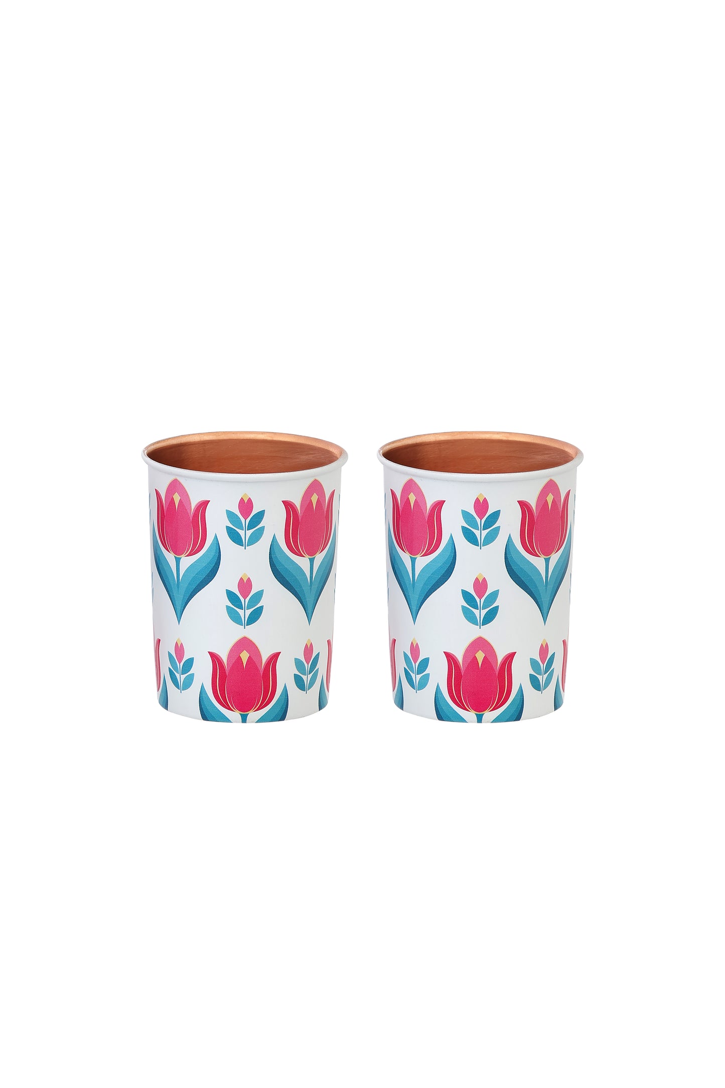 Pink Flower Print Pure Copper Glass Pack of- 2