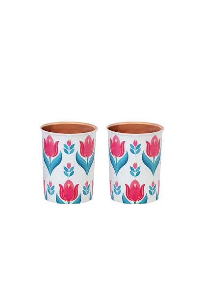 Pink Flower Print Pure Copper Glass Pack of- 2