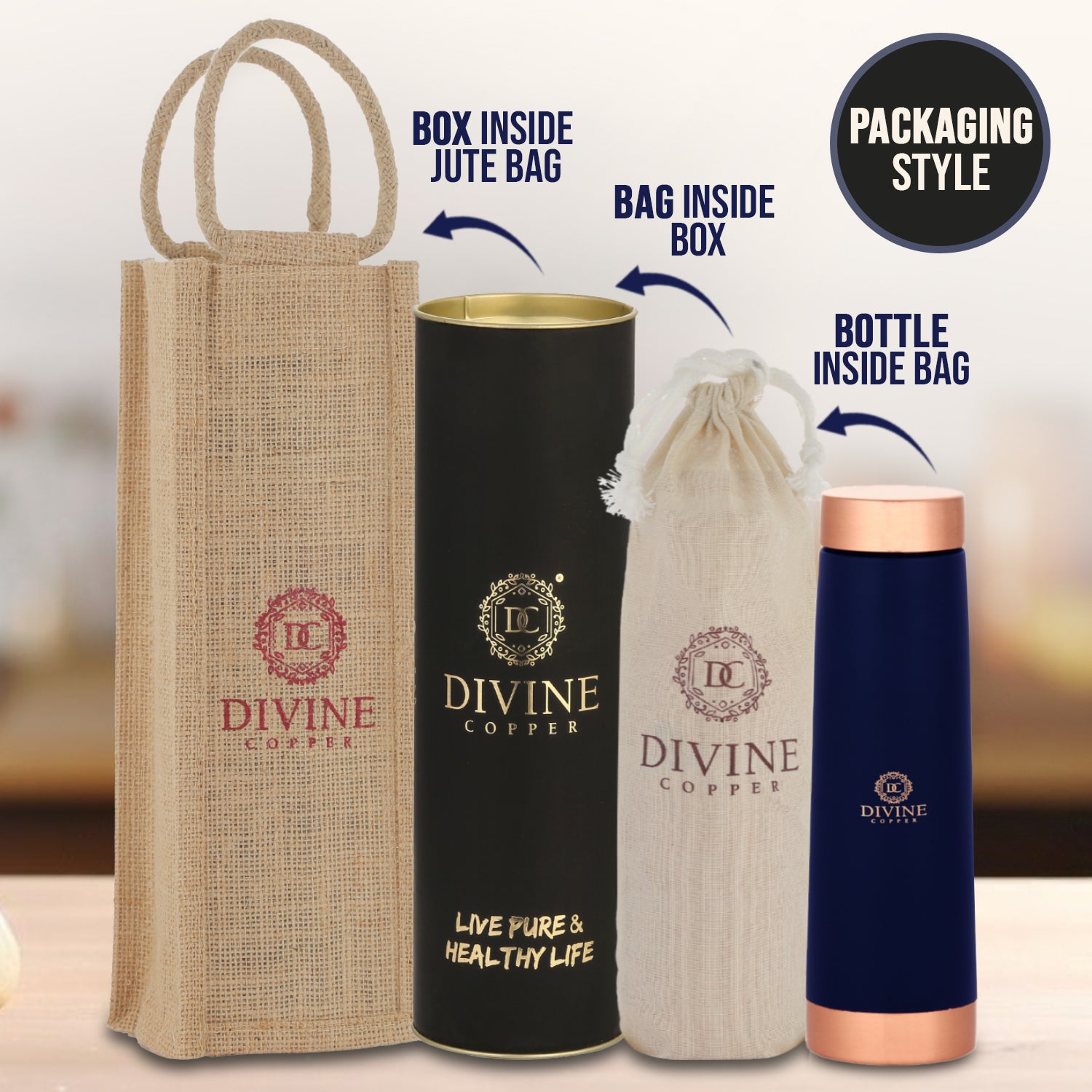 Eclair Blue 900ml Copper water Bottle With Free Jute Carry Bag