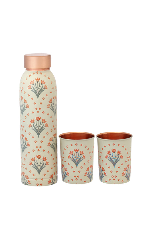 Oreo - Tulip Flower Print Pure Copper Bottle With Pack of 2 Glass