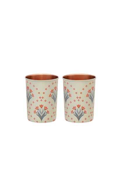 Tulip Flower Print Pure Copper Glass Pack of- 2
