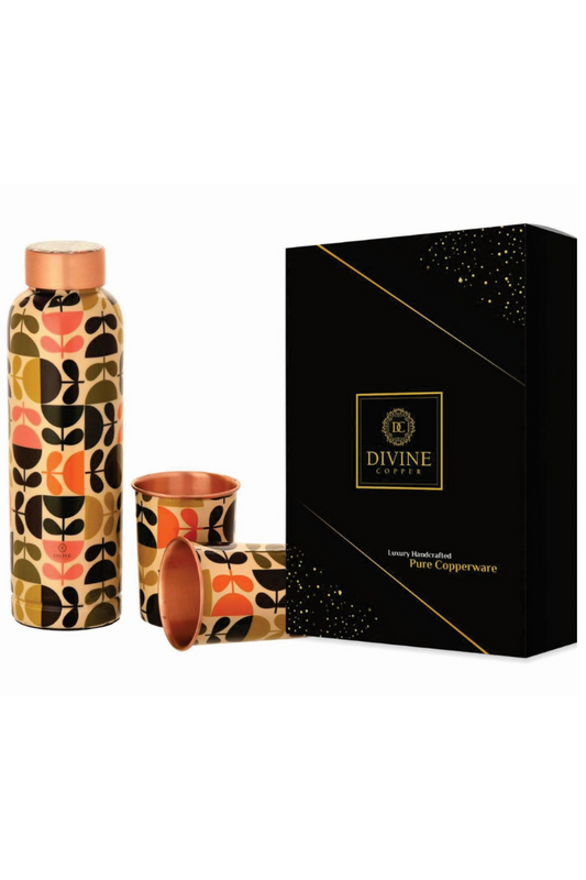 OREO MEENA PRINT COPPER BOTTLE WITH 2 GLASS GIFT PACK