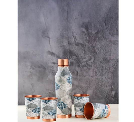 JUPITER ENAMEL PRINT BOTTLE WITH 4 GLASS -GIFT SET