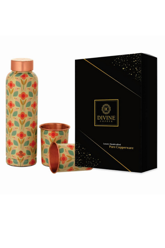 OREO Meena Print 1000ml Pure Copper Bottle with 2 Glass 300ml*2 Gift Pack
