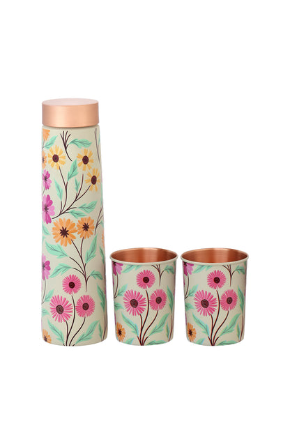 Eclair -  Vintage Disty flower Print Pure Copper Bottle With Pack of 2 Glass