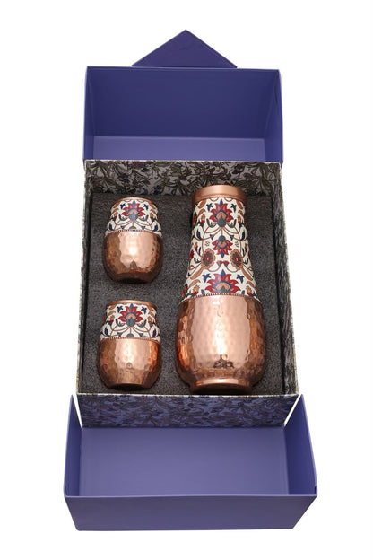 Tulip Jar - Persian Print 4.0 Half Hammered Pure Copper Jar with Pack of 2 Glass Gift Set