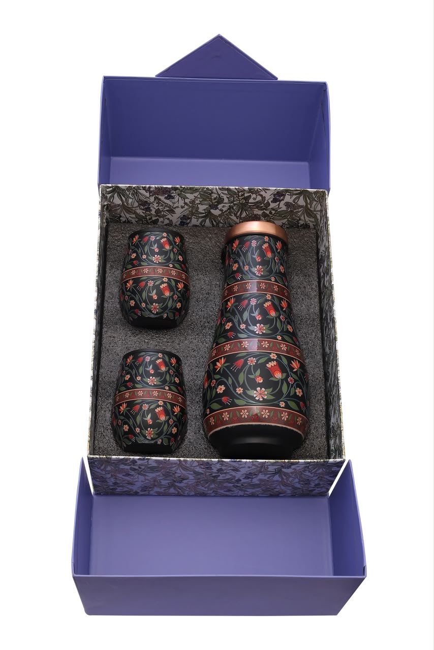 Tulip Jar - Leaf Texture Half Hammered Pure Copper Jar with Pack of 2 Glass Gift Set