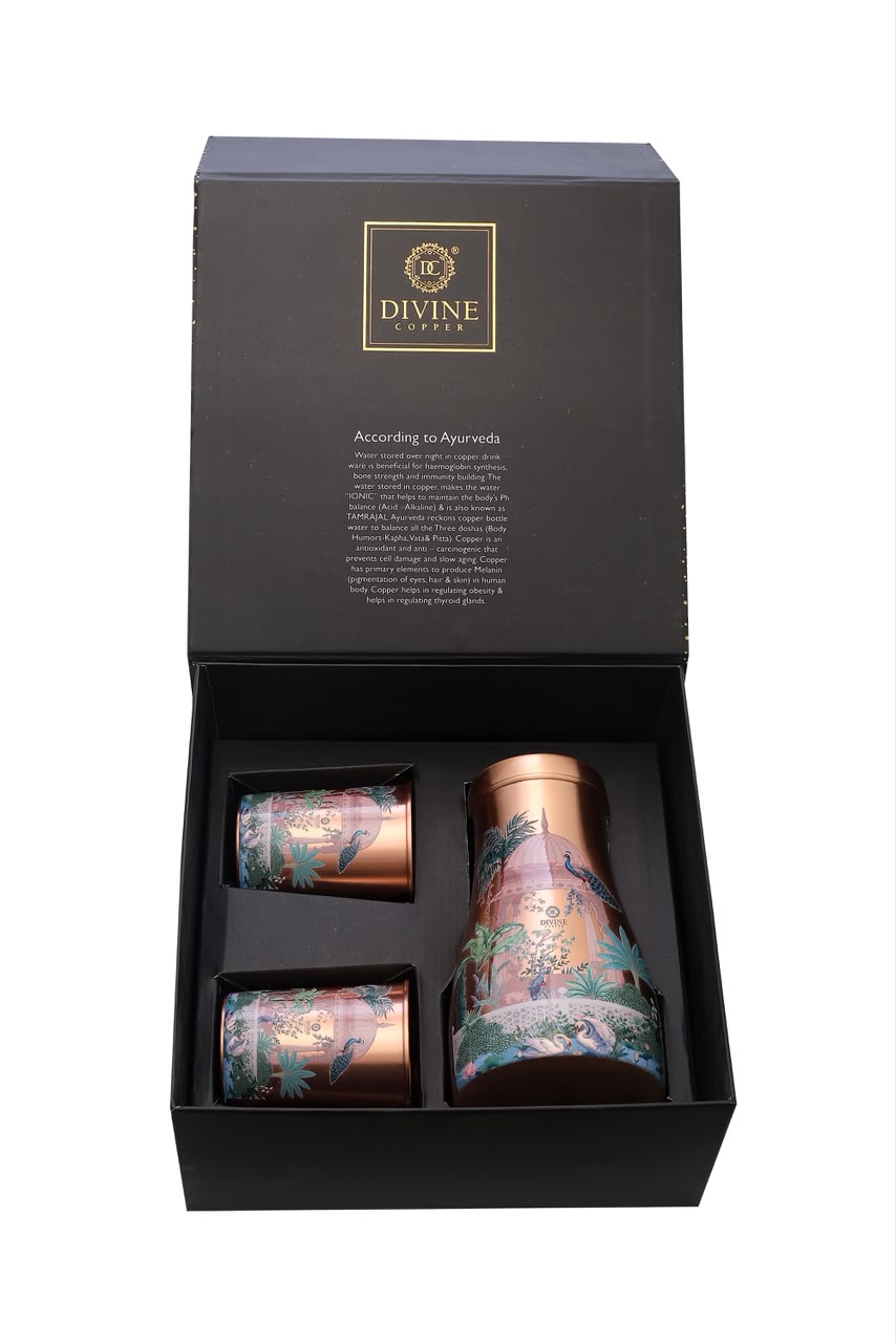 Bedroom Jar - Indian Garden Tree & Peocock Pure Copper Jar with Pack of 2 Glass Gift Set