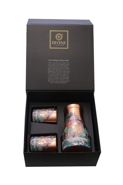 Bedroom Jar - Indian Garden Tree & Peocock Pure Copper Jar with Pack of 2 Glass Gift Set