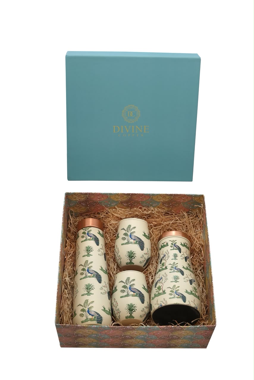 Family Pack - Peocock Pure Copper Bottle with Jar with Pack of 2 Glass Gift Set