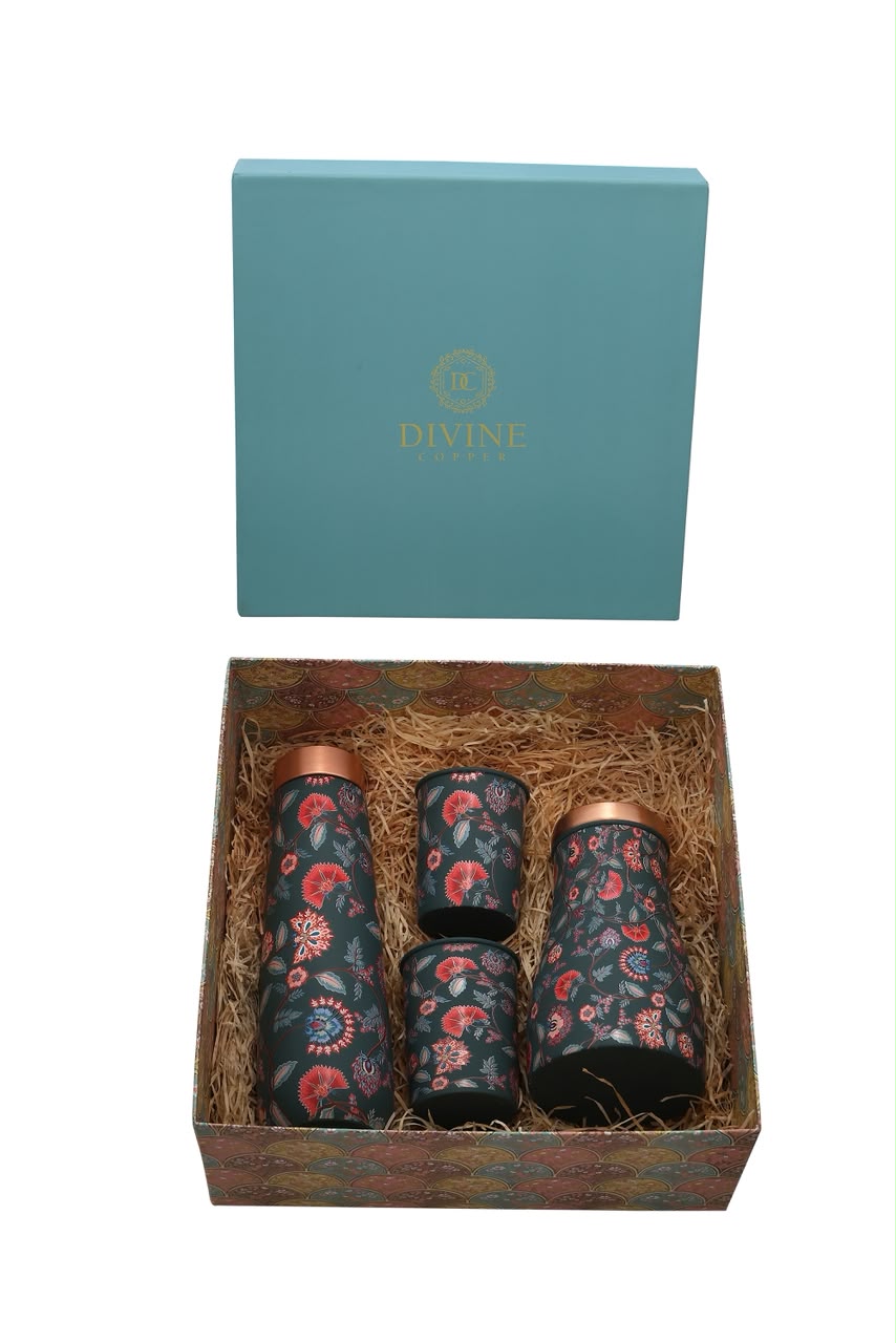 Family Pack - Unique Texture Pure Copper Bottle with Jar with Pack of 2 Glass Gift Set