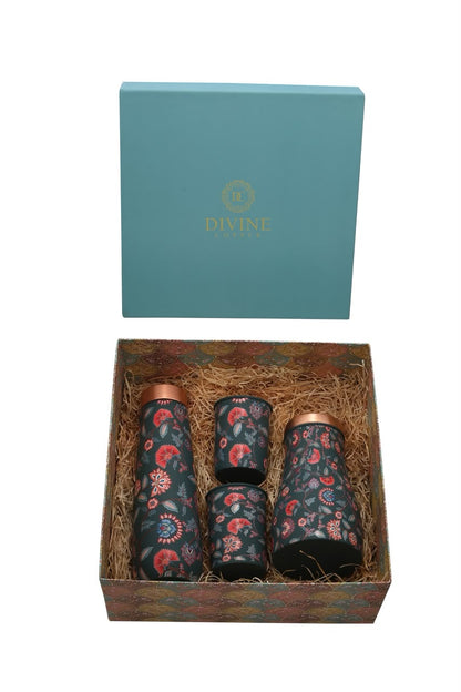 Family Pack - Unique Texture Pure Copper Bottle with Jar with Pack of 2 Glass Gift Set
