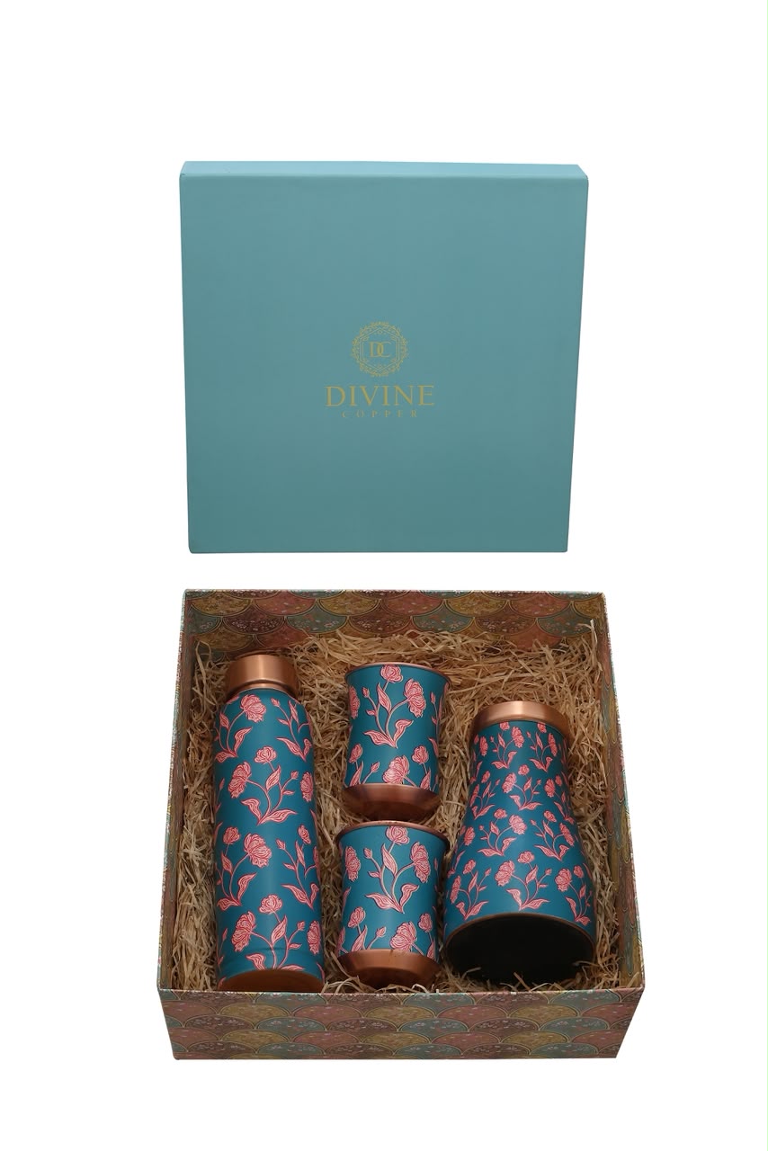 Family Pack - Persion 2.0 Pure Copper Bottle with Jar with Pack of 2 Glass Gift Set