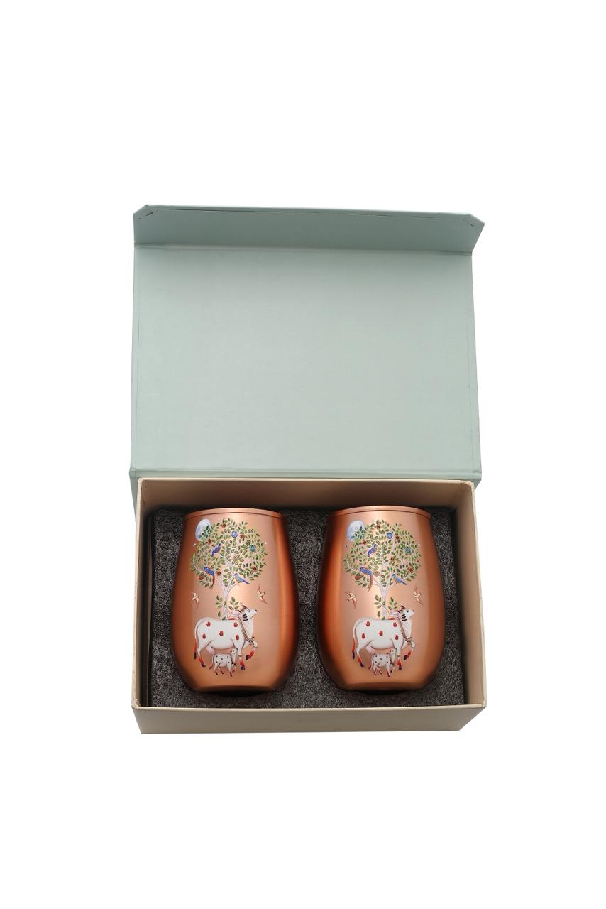 Glass - Cow with Moon & Tree Pure Copper Glass pack of 2 Gift Set