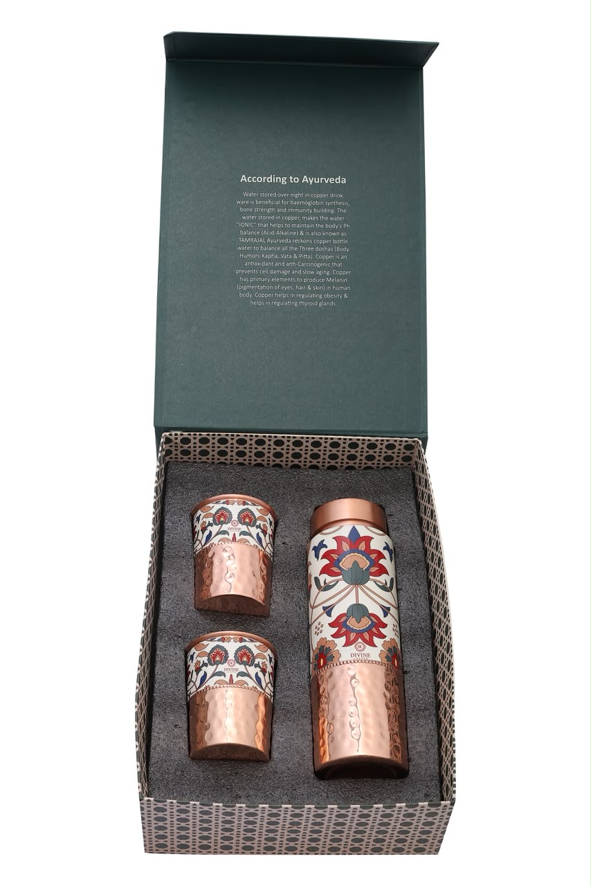 Jelly - Persian Print Half Hammered Pure Copper Bottle with Pack of 2 Glass Gift Set