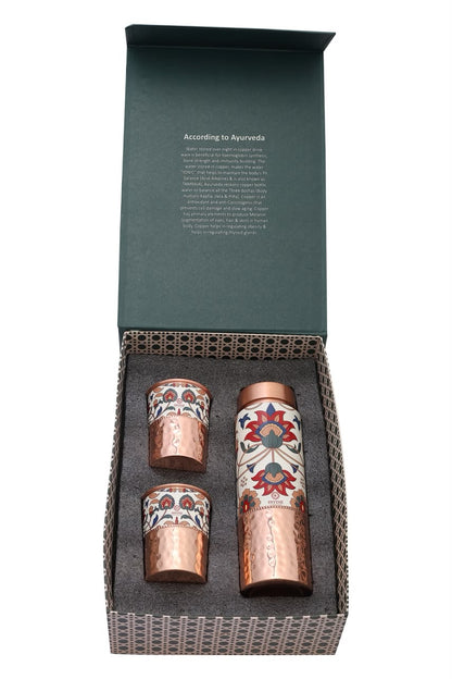 Jelly - Persian Print Half Hammered Pure Copper Bottle with Pack of 2 Glass Gift Set