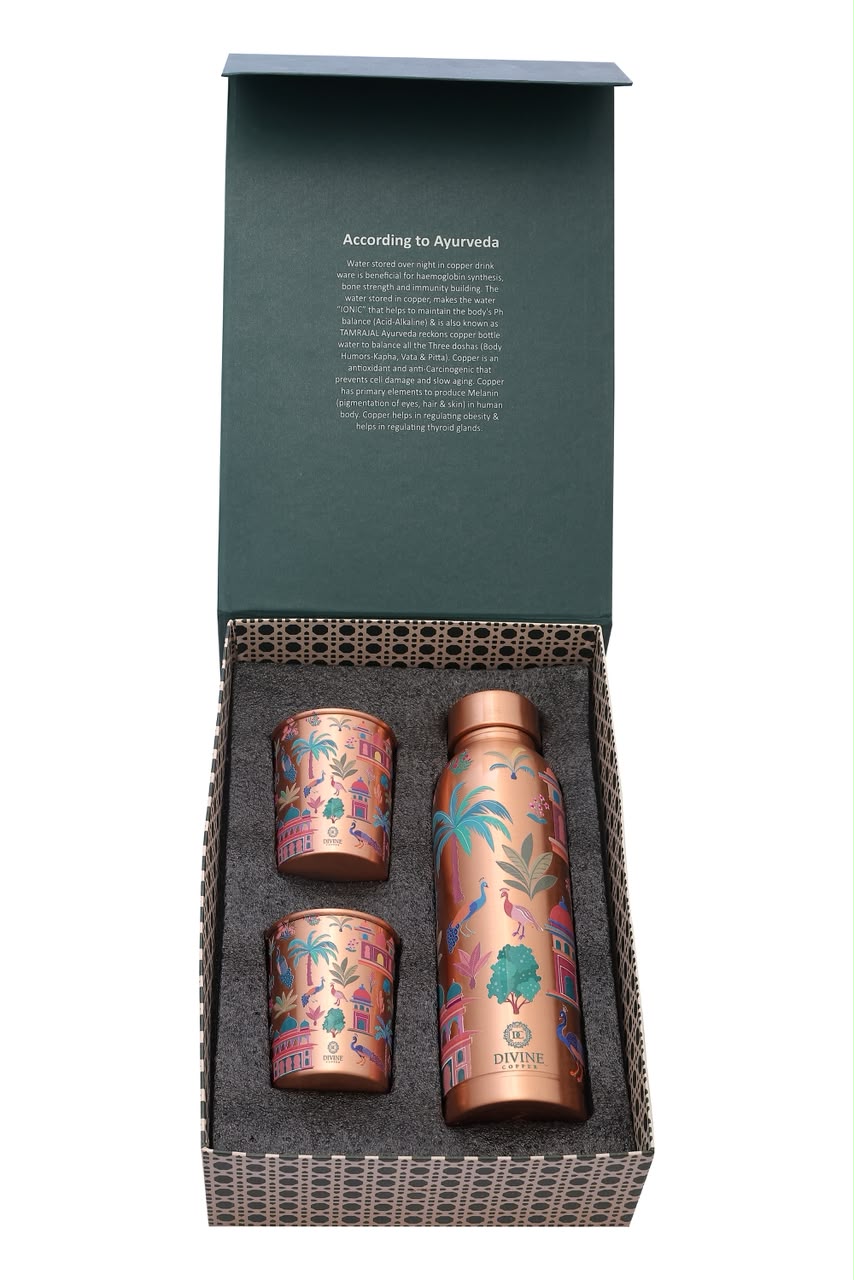 Oreo- Indian Garden Tree & Peocock Pure Copper Bottle with Pack of 2 Glass Gift Set