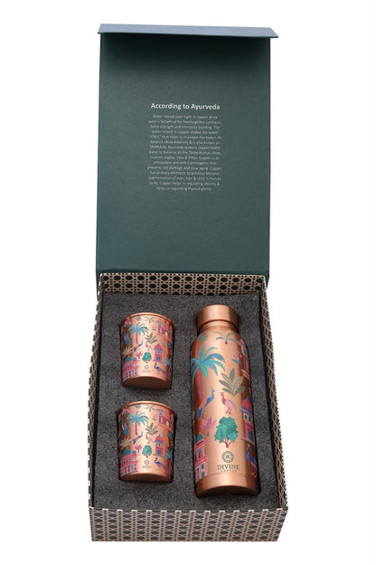 Oreo- Indian Garden Tree & Peocock Pure Copper Bottle with Pack of 2 Glass Gift Set