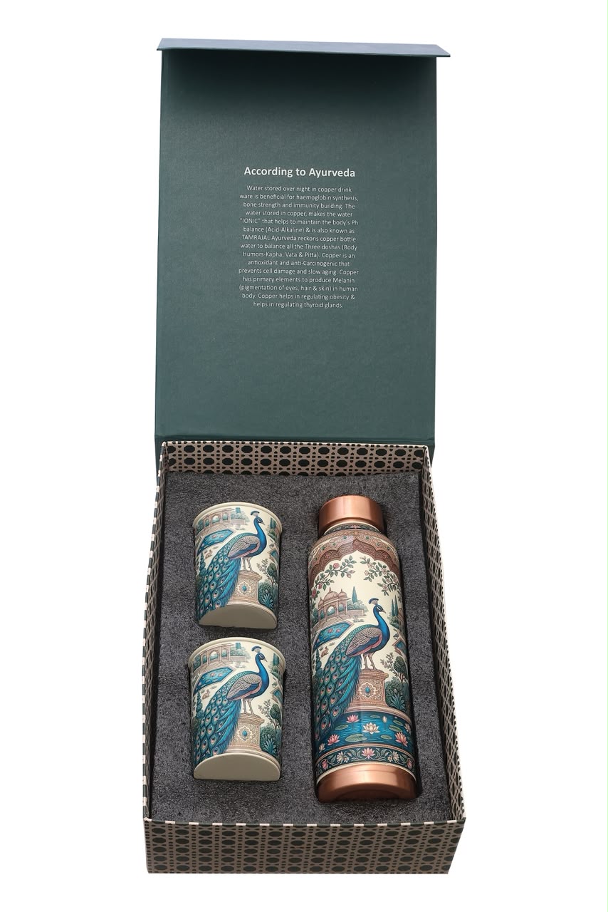 Oreo- Peocock Pure Copper Bottle with Pack of 2 Glass Gift Set