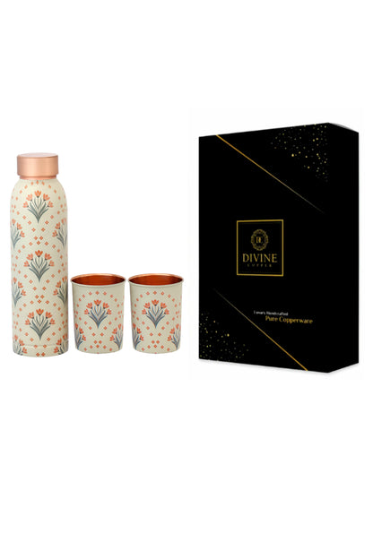 Oreo - Tulip Flower Print Pure Copper Bottle With Pack of 2 Glass