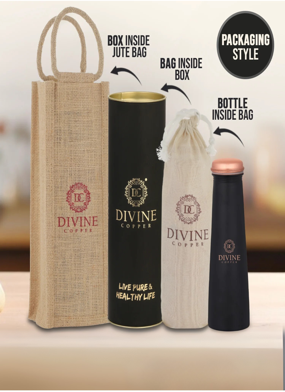 Froyo Black 750 ML copper bottle with free Jute carry bag