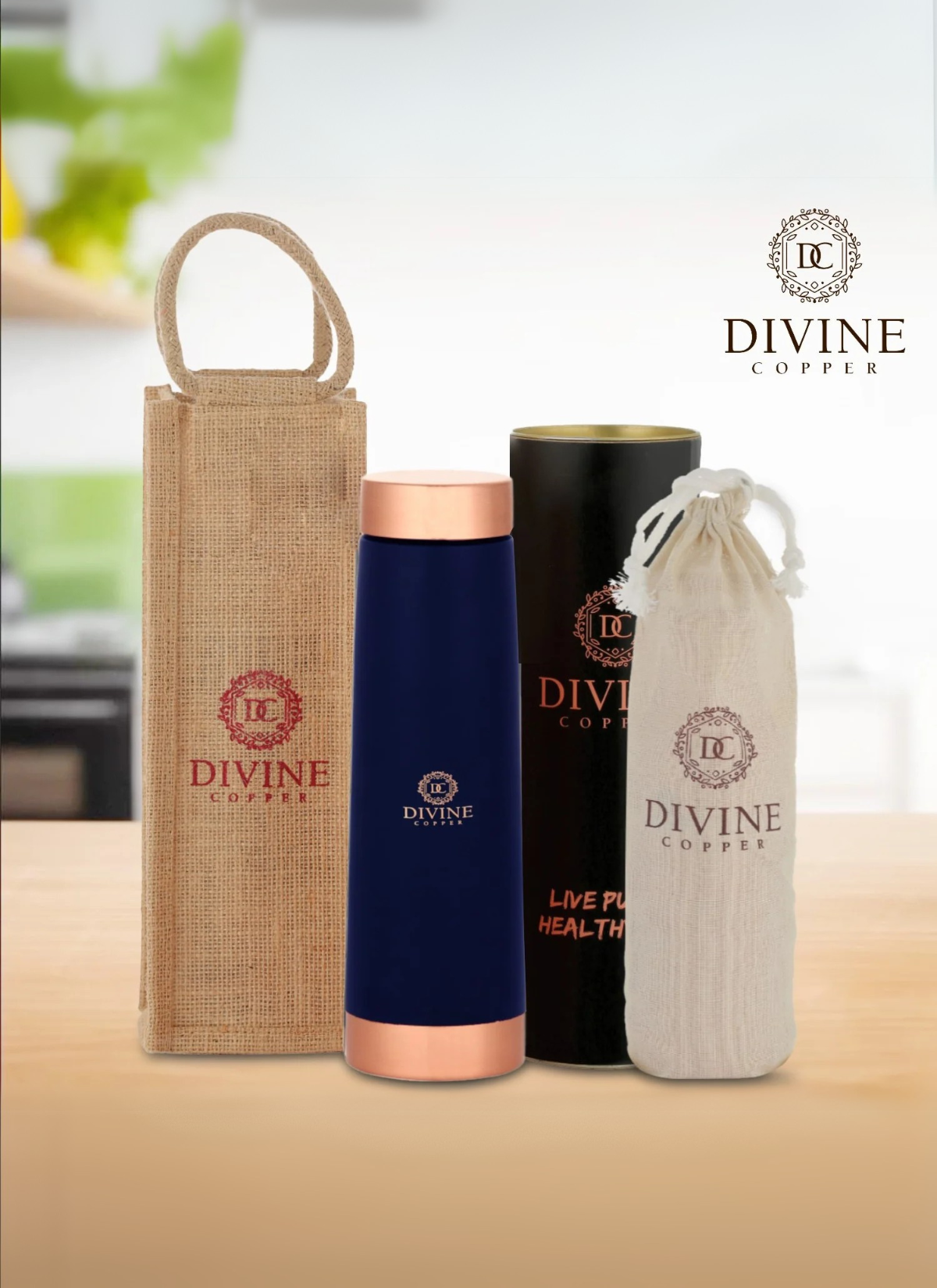 Eclair Blue 900ml Copper water Bottle With Free Jute Carry Bag