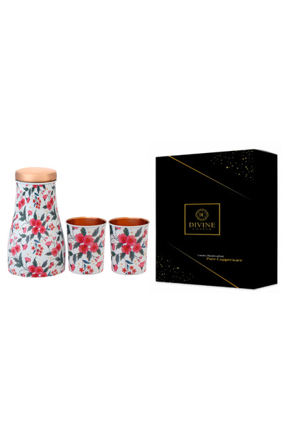 Jar - Flower Print Pure Copper Jar With Pack of 2 Glass