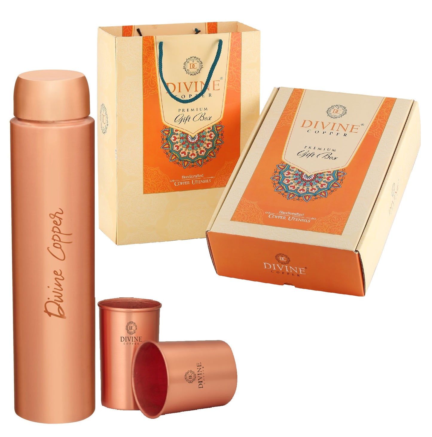 Hexa 950ml Pure Copper Bottle with 2 Glass Gift Pack