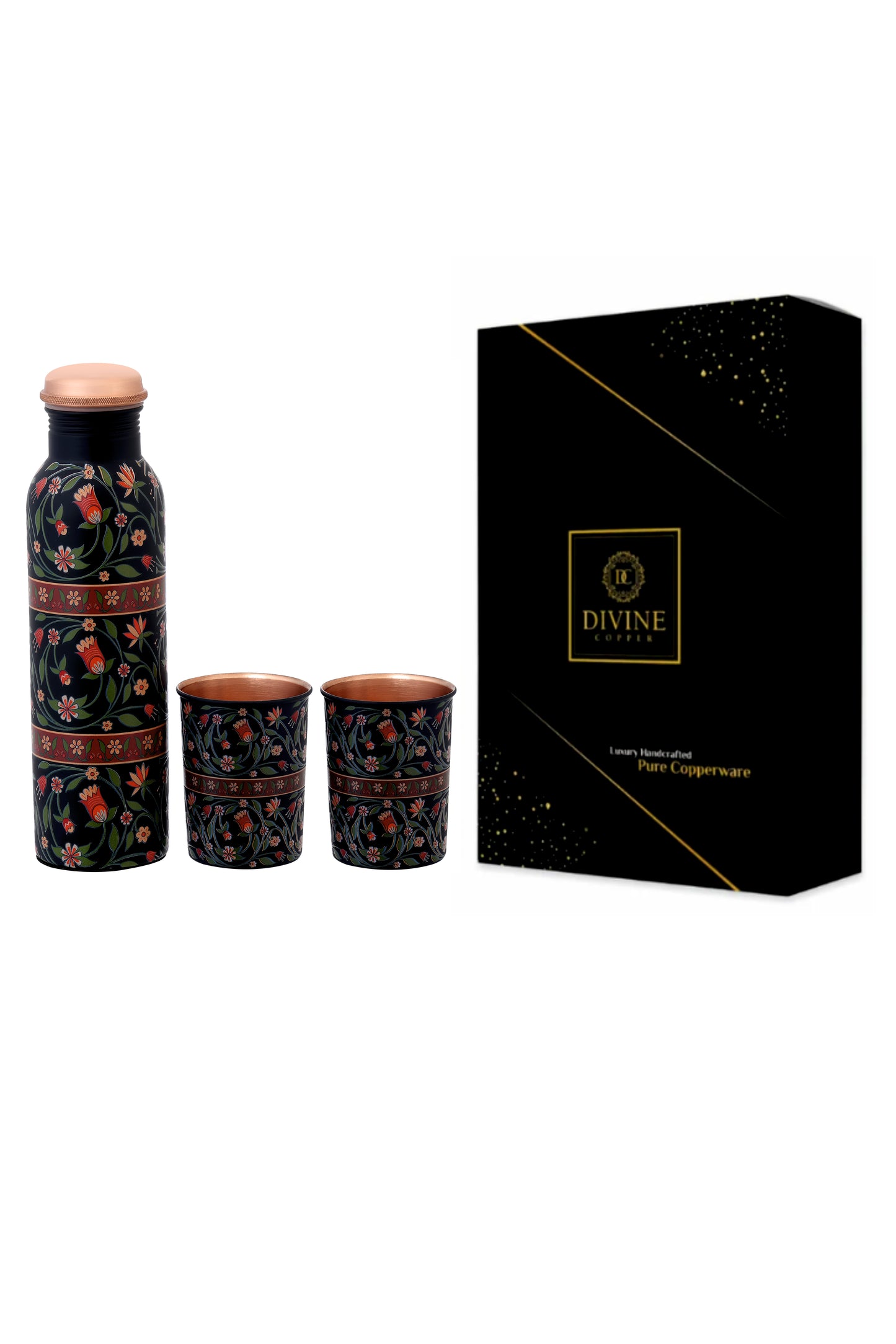 Pie - Flower With Green Leafs Pure Copper Bottle With Pack of 2 Glass