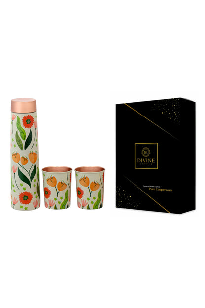 Eclair -  Colurful Flowers With Green Leafs Print Pure Copper Bottle With Pack of 2 Glass