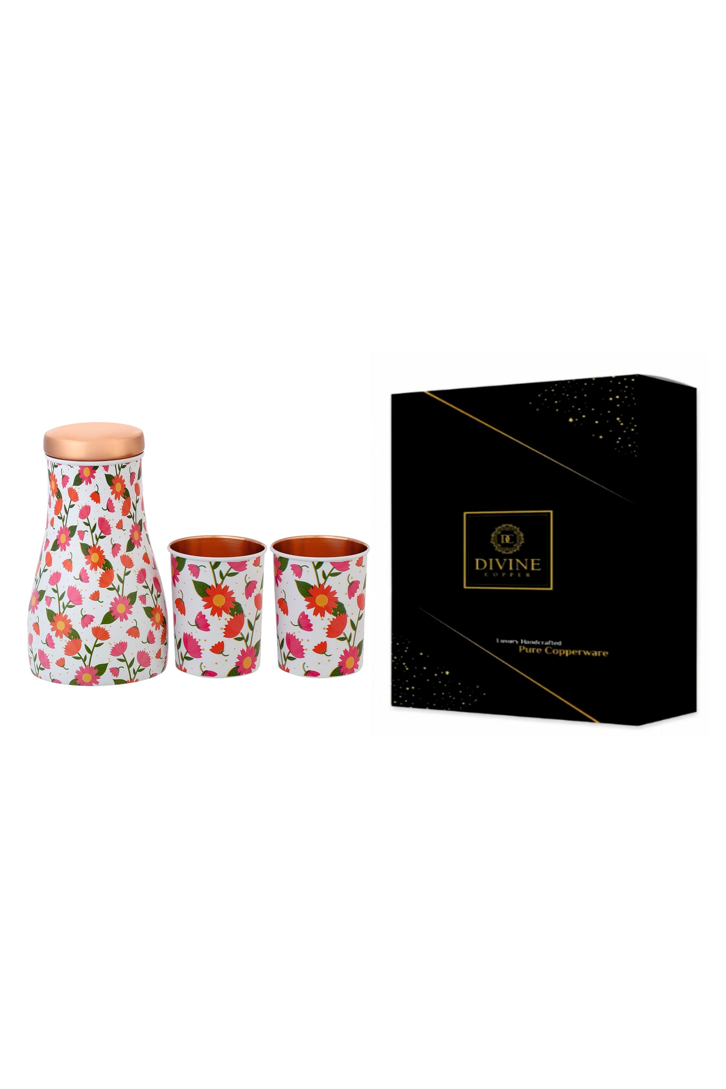 Jar - Colourful Flower  Print Pure Copper Jar With Pack of 2 Glass