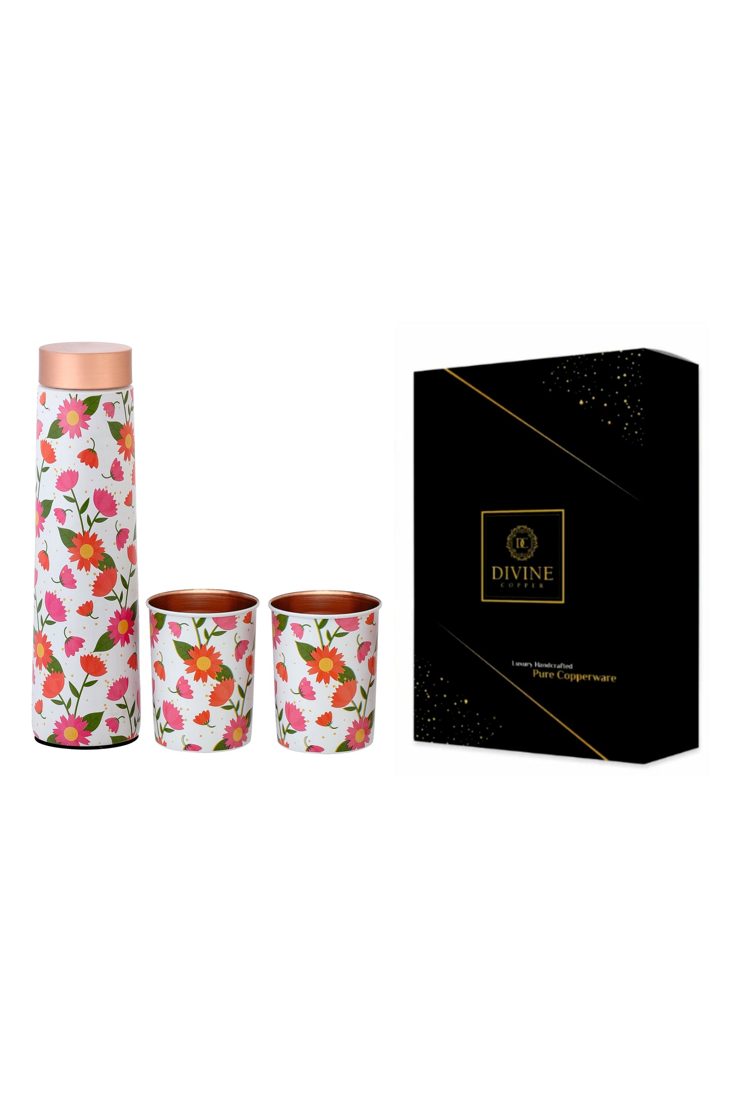 Eclair -  Colourful Flower  Print Pure Copper Bottle With Pack of 2 Glass