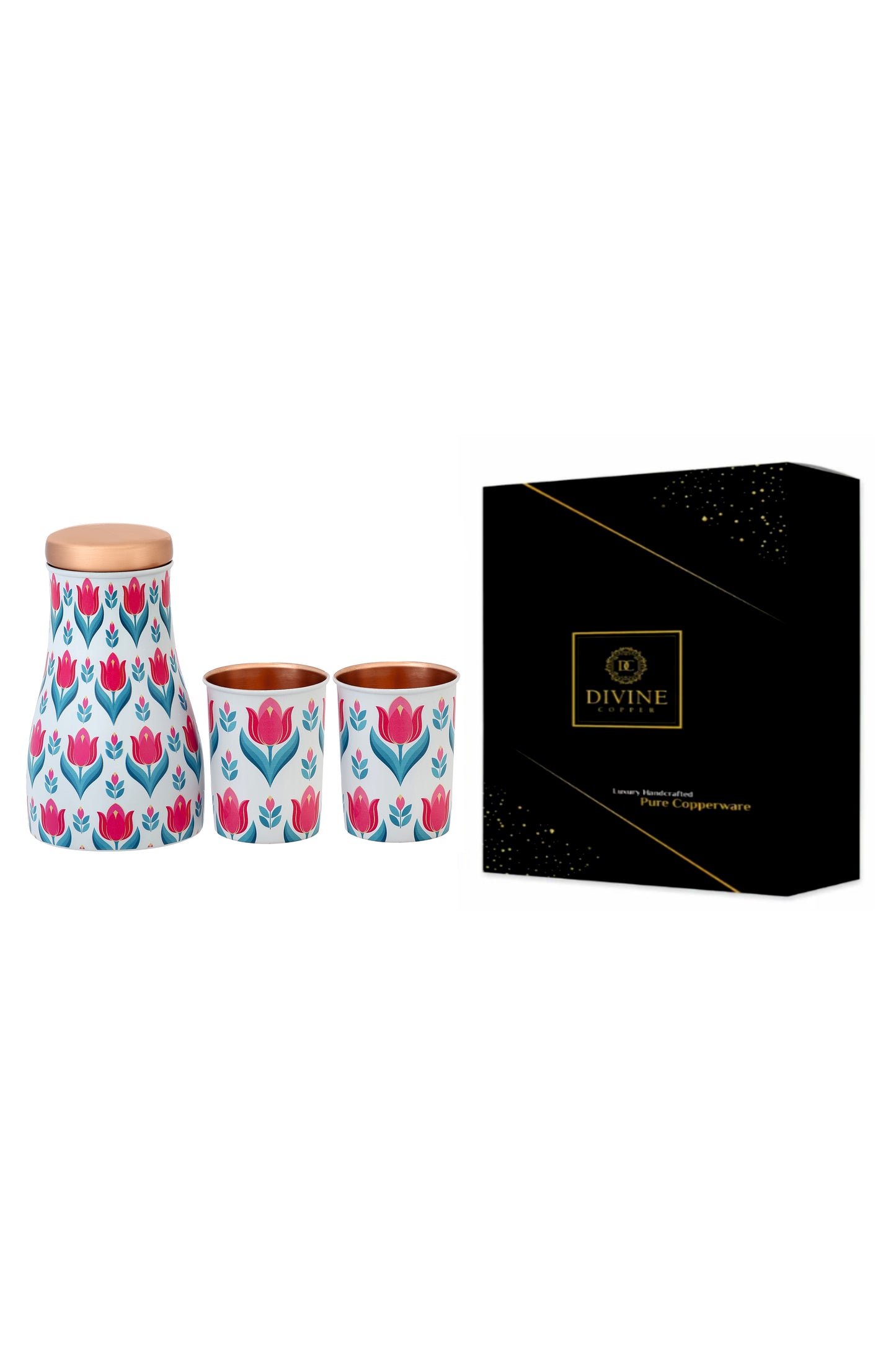 Jar - Pink Flower Print Pure Copper Jar With Pack of 2 Glass