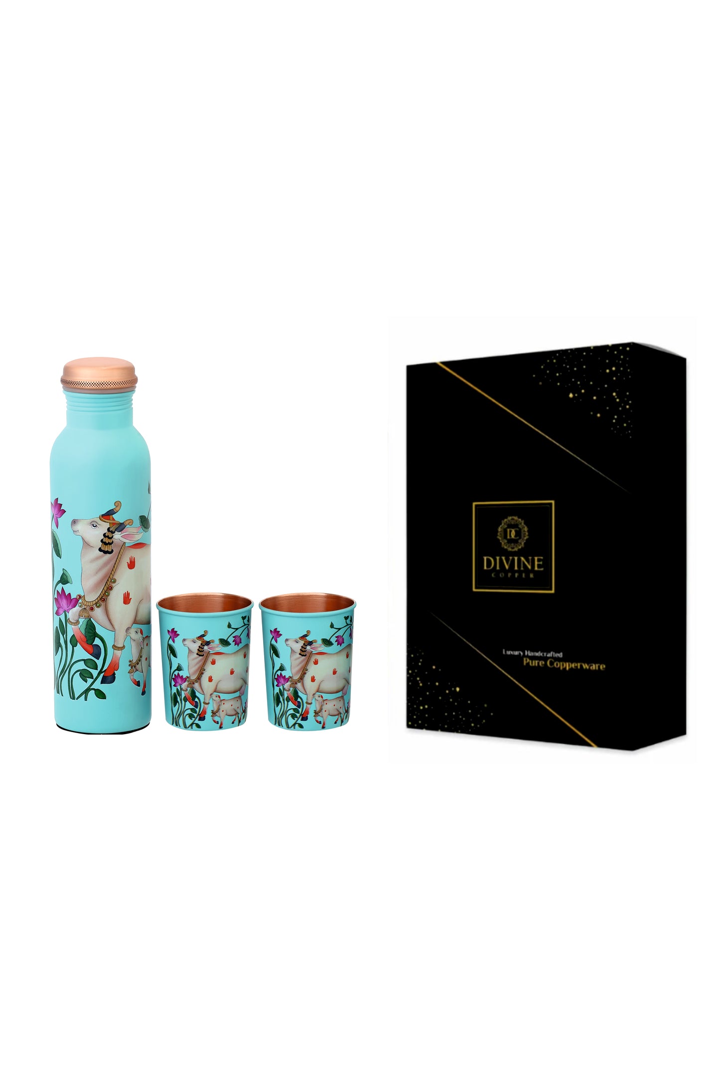 Pie - Nandi Print Pure Copper Bottle With Pack of 2 Glass