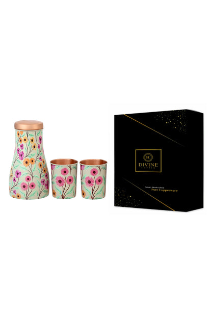 Jar - Vintage Disty flower Print Pure Copper Jar With Pack of 2 Glass