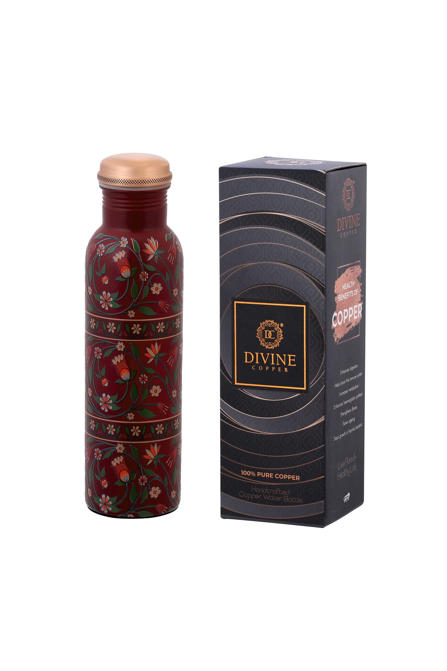 PIE - Flower with Green Leafs Print Pure Copper Bottle
