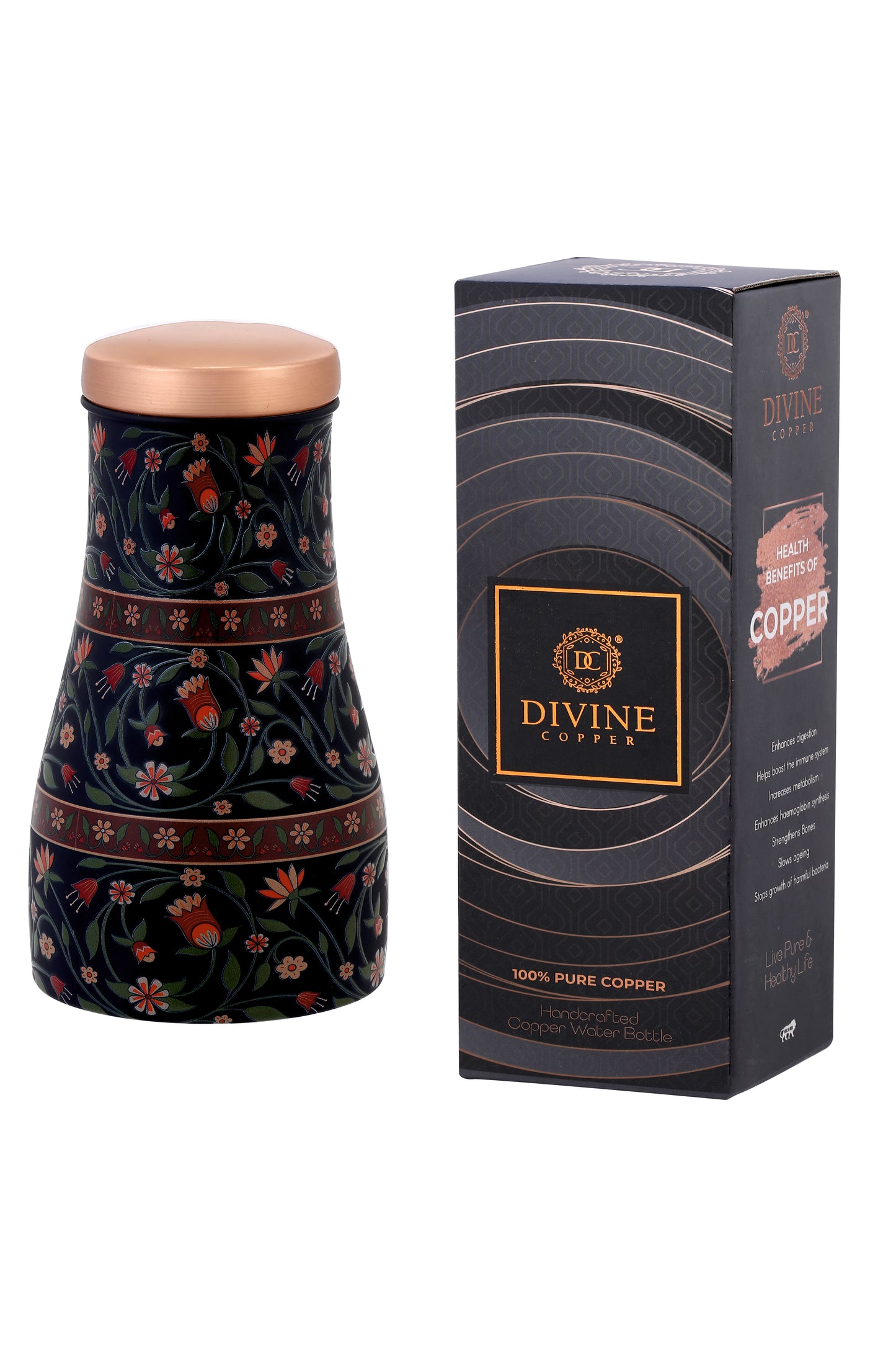 JAR - Flower with Green Leafs Print Pure Copper Jar (Black)