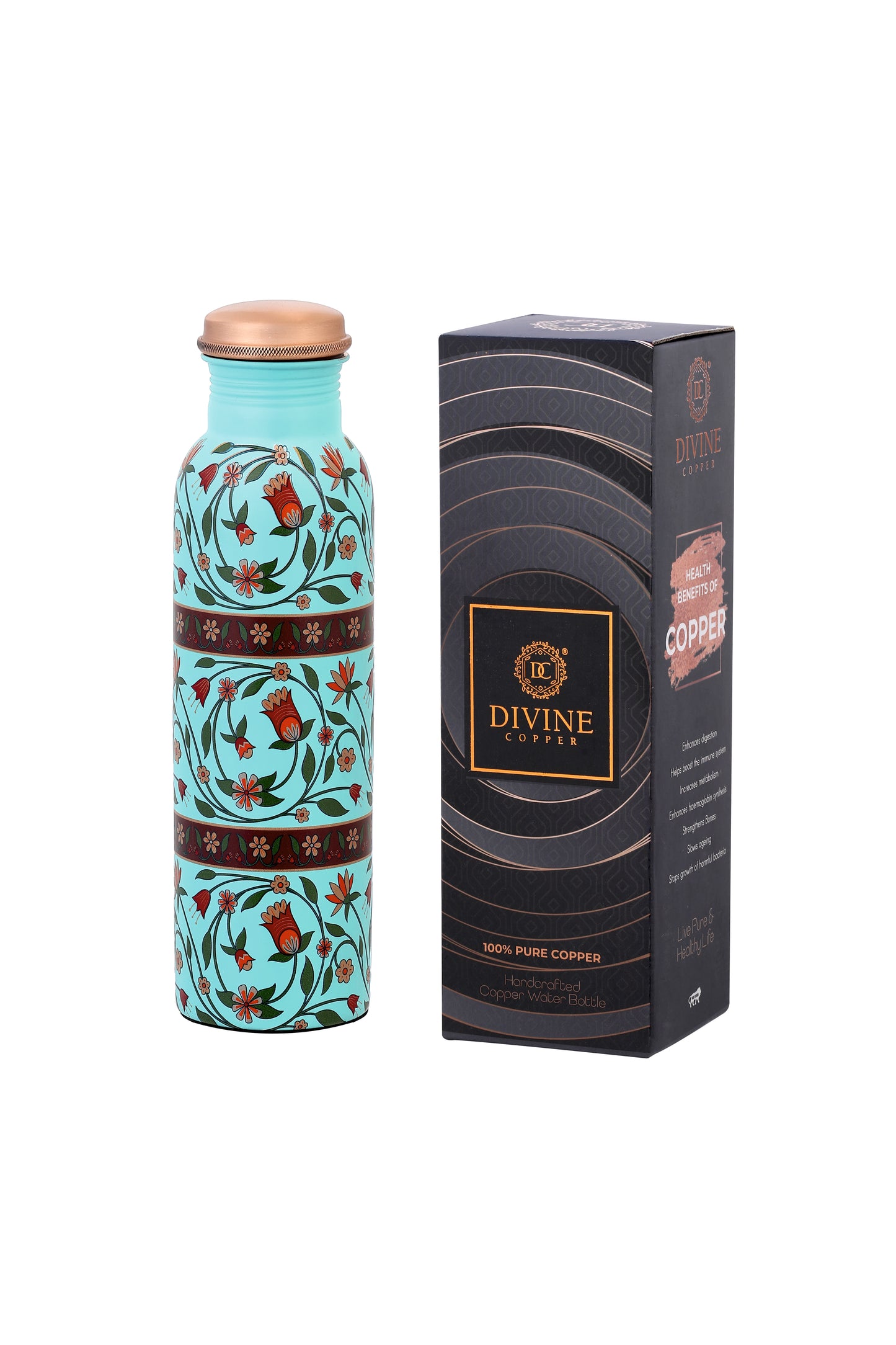 PIE -   Flower with Green Leafs Print Pure Copper Bottle (Mint)