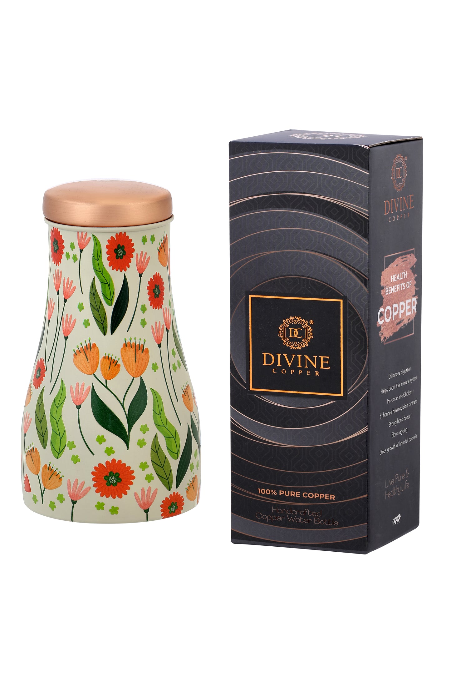 JAR - Colurful Flowers With Green Leafs Print Pure Copper Jar