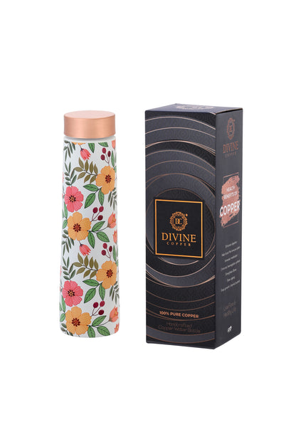 Eclair - Yellow Flower With Green Leafs Pattern Pure Copper Bottle
