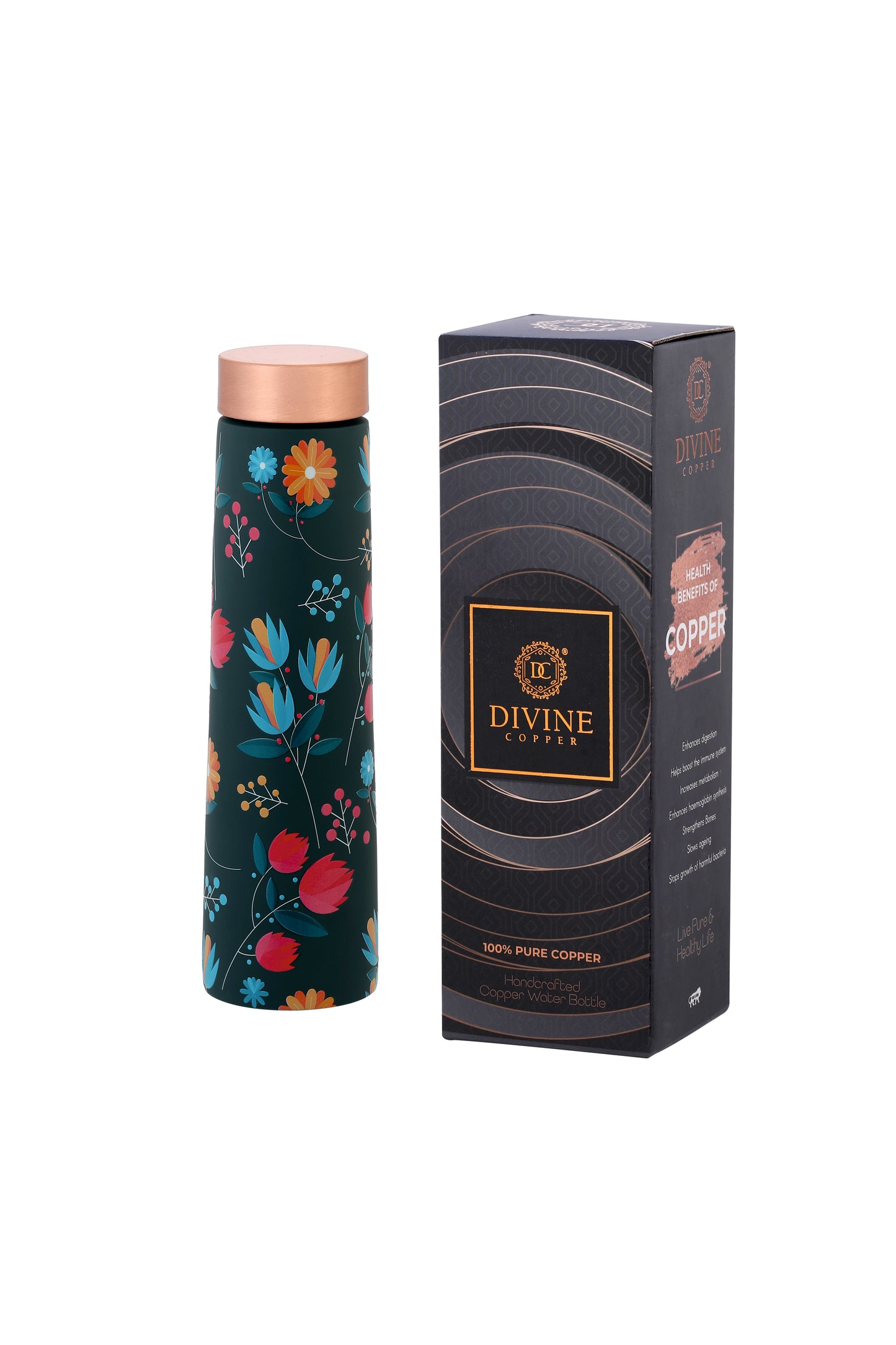 Eclair - Hand Drawn Flower Pattern Pure Copper Bottle